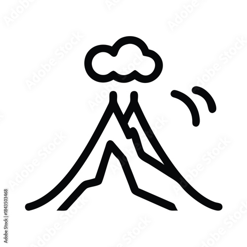 Simple black line icon representing an erupting volcano with smoke and seismic activity symbols