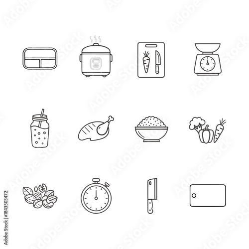 Kitchen food preparation line icon set showing lunchbox rice cooker vegetables knife scale stopwatch in simple outline style for cooking workflow Concept of home cooking nutrition and meal preparation