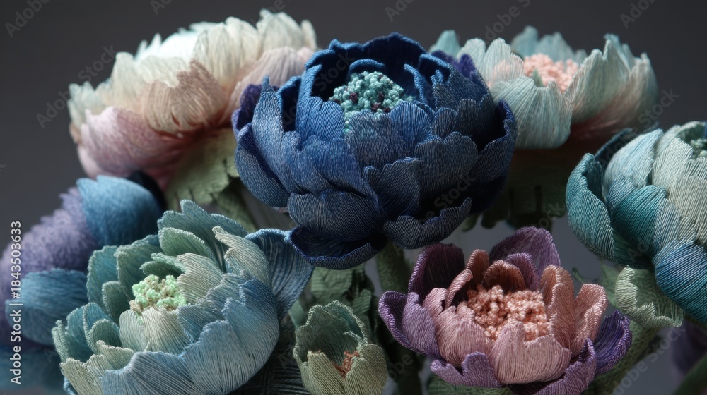 Obraz premium A group of embroidered flowers is displayed in a close up view. The flowers exhibit different shades of blue green and pink. Details of each petal are visible against a dark background.