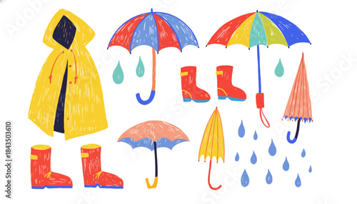 Collection of cute rain gear including umbrellas, raincoats, and boots, perfect for children's illustrations and weather-themed designs