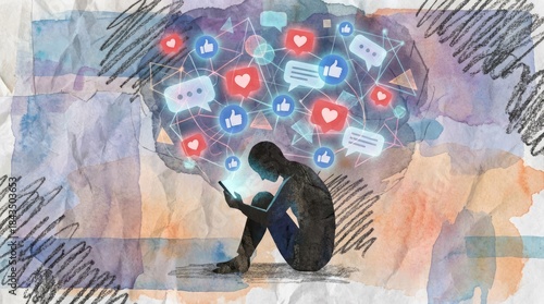 Silhouette of a person engrossed in a smartphone surrounded by social media icons and watercolor textures