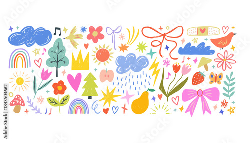 Whimsical hand-drawn doodle collection featuring cute nature elements, playful objects, and cheerful decorative shapes, perfect for children's designs and creative projects