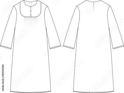 Night Dress flat sketch technical drawing front and back view