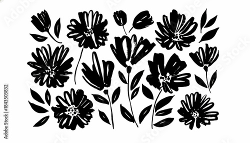 Artistic collection of hand-drawn sketchy black flowers and leaves, creating a unique abstract botanical pattern for creative design projects