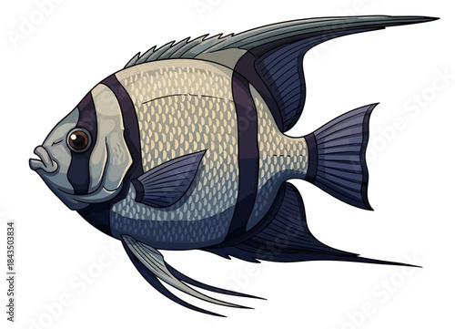 Striking Black and White Angelfish Illustration Marine Life Underwater Ocean Creature