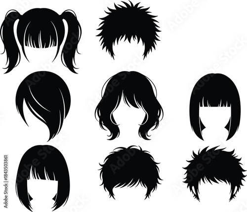 Black hairstyle silhouette set, diverse haircuts, ponytail curly straight styles, fashion avatar design, layered hair icons, character customization assets
