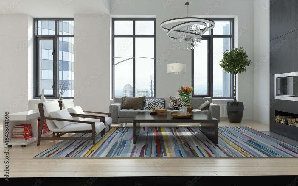 Obraz premium Modern living room interior with city view. Luxury apartment design 3d render