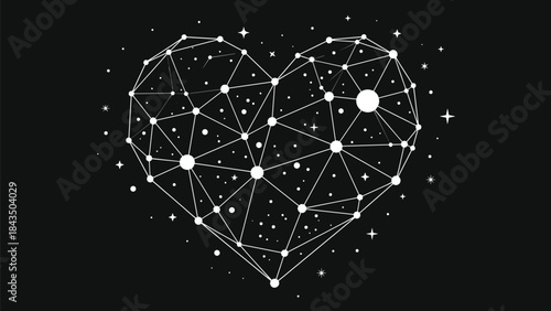 Constellation heart illustration, cosmic love symbol, star network design, celestial romance graphic, white dots lines, black background, universal connection art