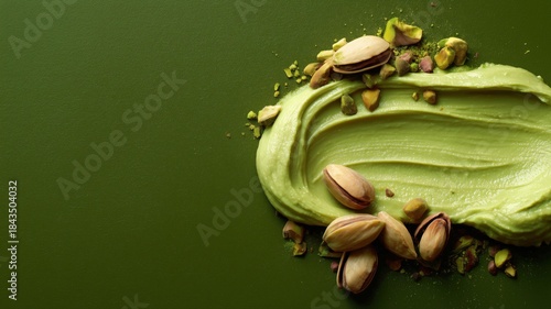 ピスタチオクリームとナッツの美しい盛り付け。スイーツや料理の素材イメージに最適な写真。