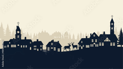 Christmas village silhouette with reindeer and church towers