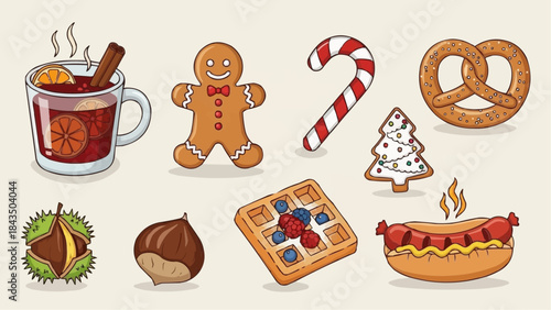 Colorful holiday food and drink illustrations for festive recipes