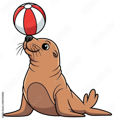 Cute Cartoon Seal Balancing a Red and White Ball on its Nose Circus Entertainment Animal Illustration