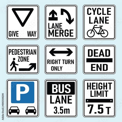 Collection of common road and pedestrian traffic signs displayed on white background