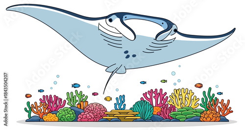 Manta Ray Gliding Over Vibrant Coral Reef Ecosystem Marine Life Illustration