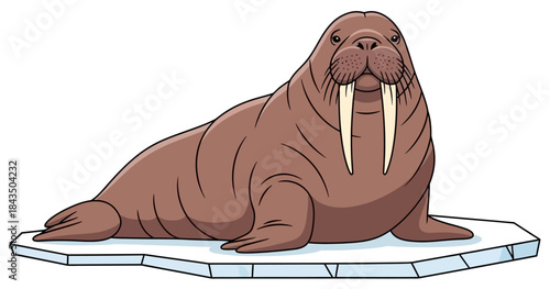 Friendly Cartoon Walrus with Tusk Resting on Ice Floe Arctic Animal Illustration