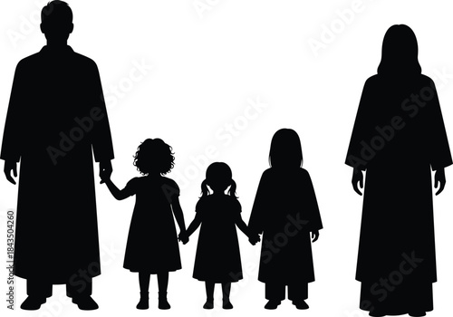 Family silhouette illustration, robe attire figures, ceremonial group icon, parent child unity, cultural dress design, standing pose, togetherness symbol