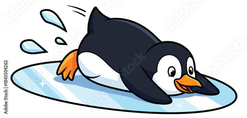 Cute Cartoon Penguin Sliding on Ice Fun Winter Animal Illustration