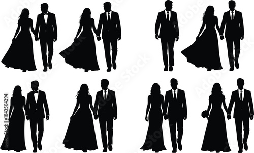 Elegant couple silhouettes, formal attire, romantic walk, wedding theme, prom night, black and white, graceful pose, love celebration, timeless elegance
