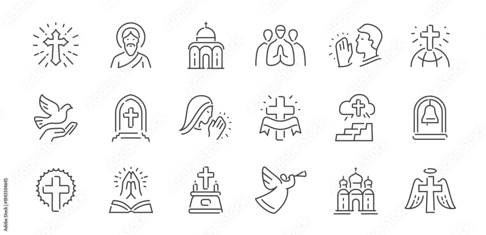Obraz premium Christianity line icons set. Spirituality and faith symbols. Religion concept. Signs for website and mobile app design