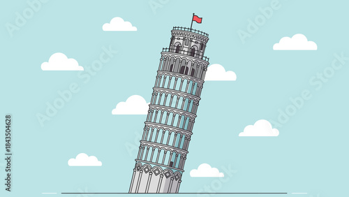 Leaning, Tower, Pisa, Italy, landmark, architecture, Romanesque, tilt, travel, tourism, clouds, sky, flag, cartoon, iconic, structure, illustration, famous, whimsical, historical