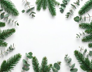 Christmas fir branches and eucalyptus leaves arranged on a white background