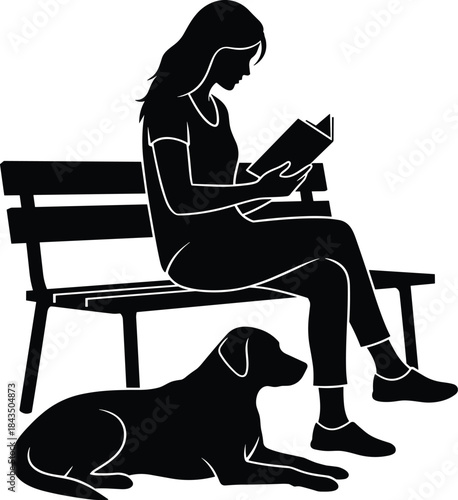 A silhouette illustration of a woman enjoying a book while her loyal dog rests nearby