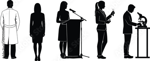 Professional silhouette set, scientist, businessperson, speaker, lab work, microscope, podium, formal attire, research activity, science icon, career vector