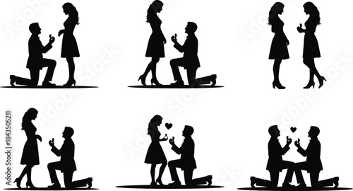 Romantic proposal silhouettes, kneeling man, engagement ring, love moment, marriage scene, couple pose, black vector, emotional gesture, wedding icon