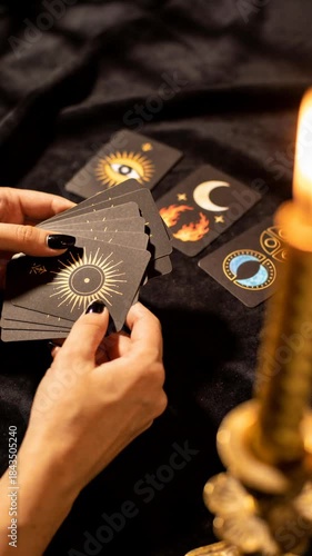 Tarot card reading ritual with candlelight, mystical symbols, and hands