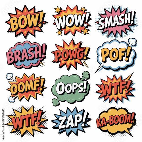 Collection of 12 Comic Book Sound Effect Word Bubbles with Explosions onomatopoeia