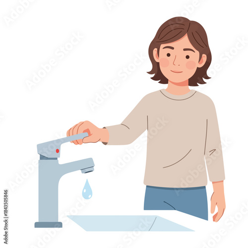 Young person turns off water faucet conserving precious resources at home