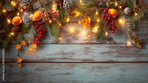 クリスマスの飾りとライトの温かい雰囲気。冬の季節やホリデーシーズンの背景素材。