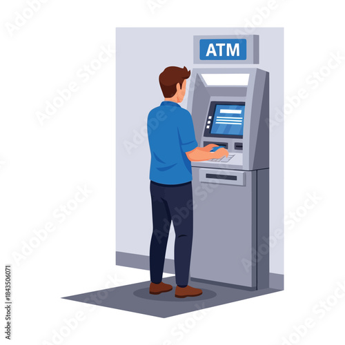 Man using ATM machine for secure financial transaction on modern banking day