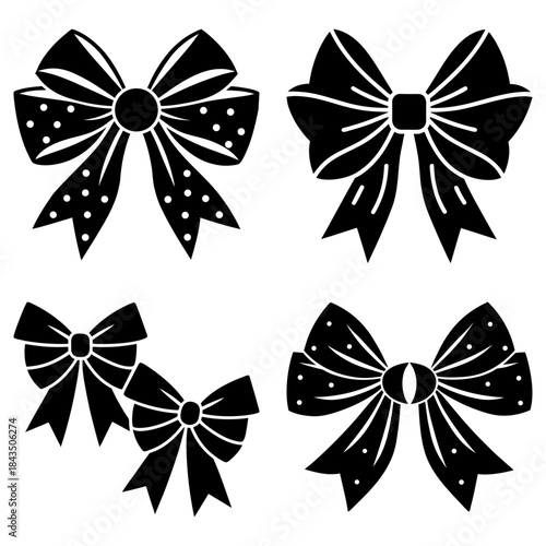 Four Black and White Bow Ties with Polka Dots and Stripes on Transparent Background