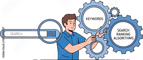 Man optimizing search ranking algorithms with keywords.