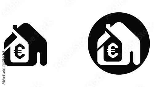 Minimal house finance icon with currency symbol isolated on white background