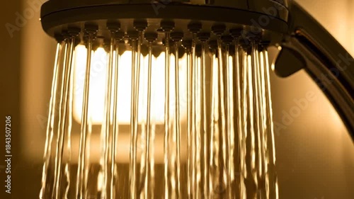 Close Up of Shower Head Pouring Water with Warm Tones Background and Selective Focus
