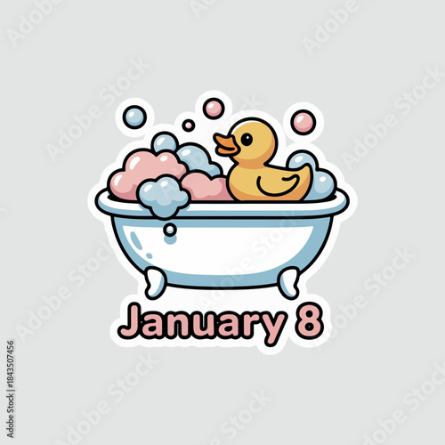 Cartoon vector illustration of a happy baby boy playing with a toy dog and soap bubbles in a clean bathtub during a bath time shower sticker