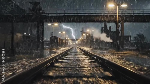 Dramatic Journey Through the Heavy Rain at Night on the Train Tracks with Lightning