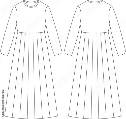 Paneled Frock with Bodice, Round Neck & Long Sleeves Flat Sketch technical drawing front and back view