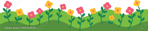 Colorful Floral Garden Footer: Pink and Yellow Wildflowers on Green Hills -flower, grass, border, spring, meadow, garden, nature, vector, illustration, summer, floral, plant, cartoon, 