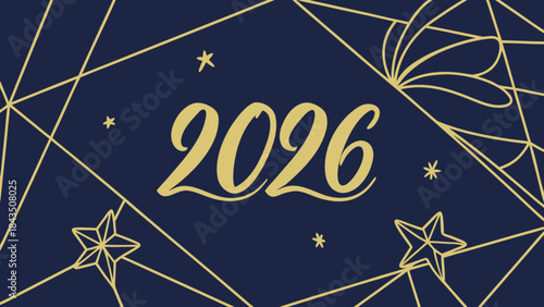 New year 2026 celebration background with gold geometric shapes and stars on dark blue