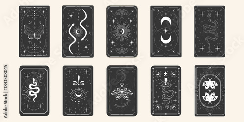 Tarot card frame set spiritual esoteric reverse border magic sacred cover card. Mystic celestial elements moon, sun, magic moth, snake fantasy sign.