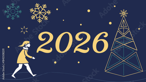 Blonde girl walking beside large golden 2026 text with christmas tree and snowflakes on dark blue background with festive atmosphere and snowfall