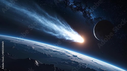 Cosmic Composition Celestial Event Space Scene with Comet and Planets Against a Starry Night Sky