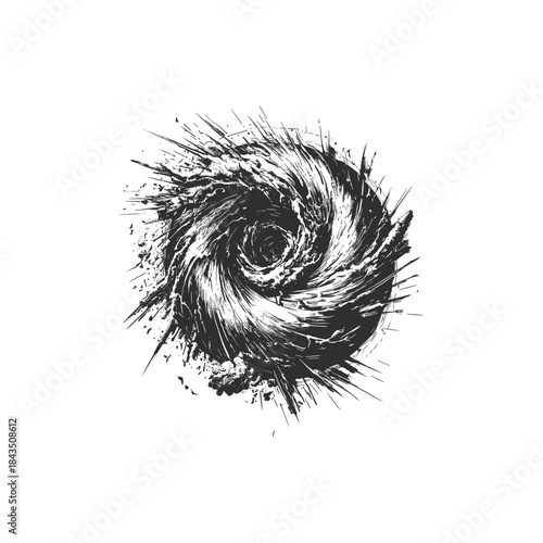Powerful tornado and swirling hurricane wind vortex illustration in hand-drawn vintage etching style isolated on white background.