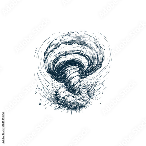 Powerful tornado and swirling hurricane wind vortex illustration in hand-drawn vintage etching style isolated on white background.