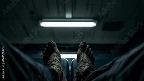 First person view of legs and boots inside dimly lit metal corridor with ceiling light