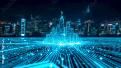 Futuristic digital city skyline emerging from glowing circuit grid with blue light effects