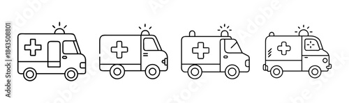 A set of minimalist line art ambulance icons representing emergency medical services and rescue transport